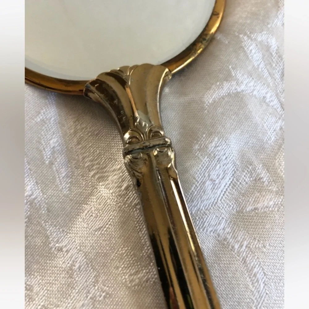 Vintage Handheld Tarnished Mirror GemLite Gold Toned Comb Art Deco Cosplay